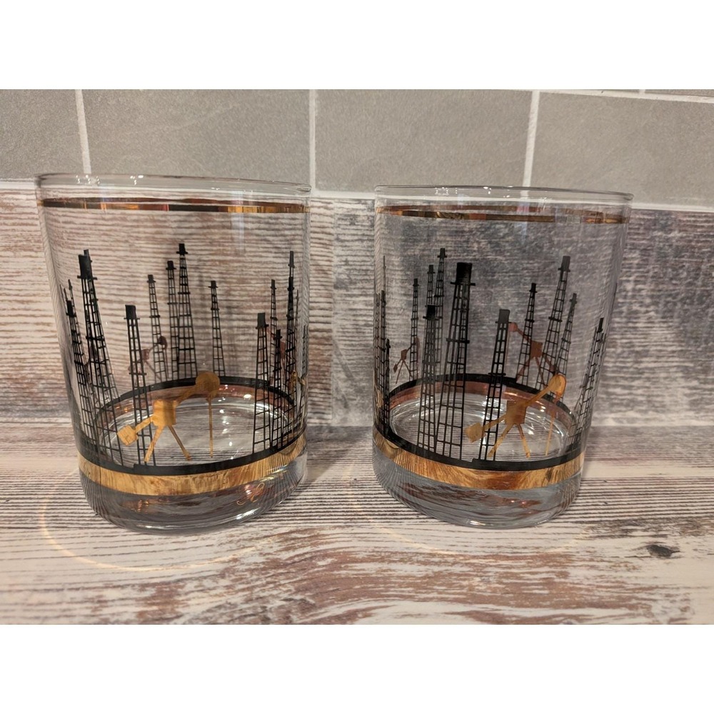Vintage Cera Oil Derrick Rocks Glasses Set of 2 Gold Black Mid Century Barware